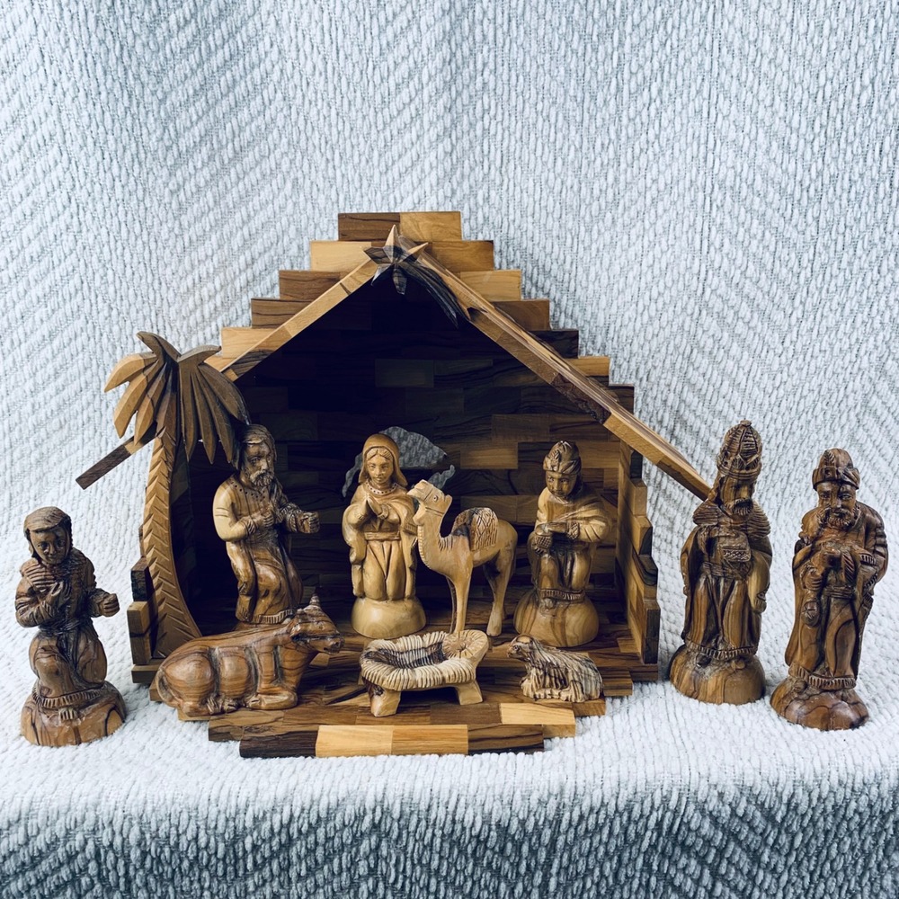 Nativity Set Bethlehem Olive Wood Artisan Hand Carved 11pc Rustic Creche Hinged